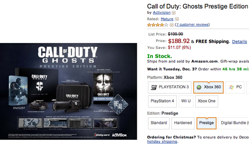 Call of Duty Ghosts Prestige Edition Cyber Monday sale at Amazon