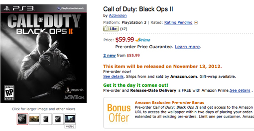 CoD Black Ops 2 is available for pre-order on amazon