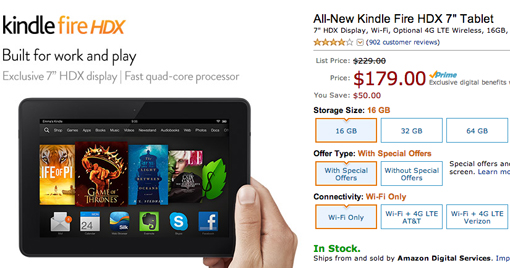 Cyber Monday sale for Kindle Fire HDX tablet at Amazon