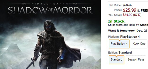 Middle Earth: Shadow of Mordor Cyber Monday deal 2014 at Amazon